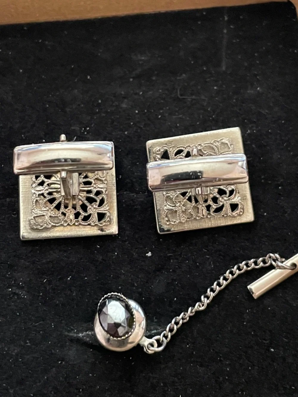 Vintage Square Cufflinks with Black Faceted Stone and matching tie tack